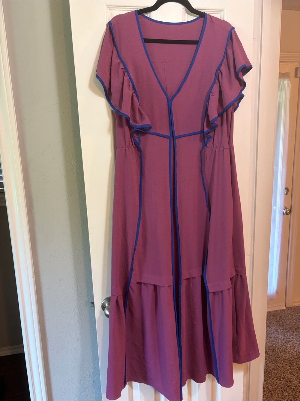 Flutter-Sleeve V-Neck Maxi Dress in Purple with Blue Trim